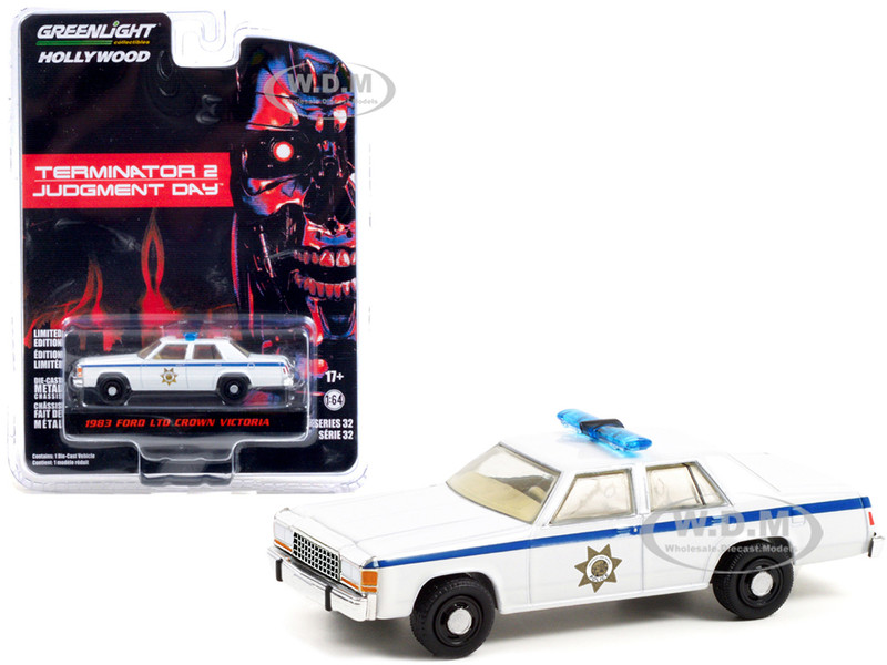 1983 Ford LTD Crown Victoria Police White Terminator 2 Judgment Day 1991 Movie Hollywood Series Release 32 1/64 Diecast Model Car Greenlight 44920 D