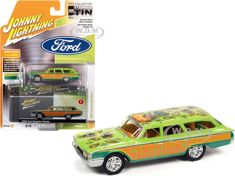 1960 Ford Country Squire Rat Fink Kustom Green Orange with Graphics Collector Tin Limited Edition 6020 pieces Worldwide 1/64 Diecast Model Car Johnny Lightning JLCT006-JLSP146 A