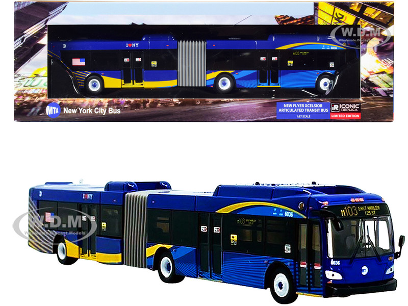 New Flyer Xcelsior XD60 Articulated Bus #M103 East Harlem 125 St. MTA New York City Bus Blue with Stripes 1/87 HO Diecast Model Iconic Replicas 87-0307