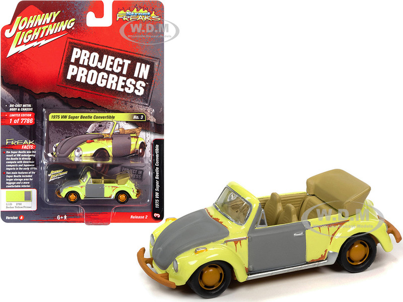 1975 Volkswagen Super Beetle Convertible Berber Yellow Primer Gray Rusted Version Project in Progress Street Freaks Series Limited Edition 7786 pieces Worldwide 1/64 Diecast Model Car Johnny Lightning JLSF020 JLSP145 A