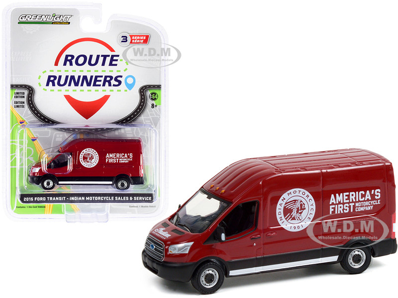 2015 Ford Transit LWB High Roof Van Burgundy Indian Motorcycle Sales & Service Route Runners Series 3 1/64 Diecast Model Greenlight 53030 B