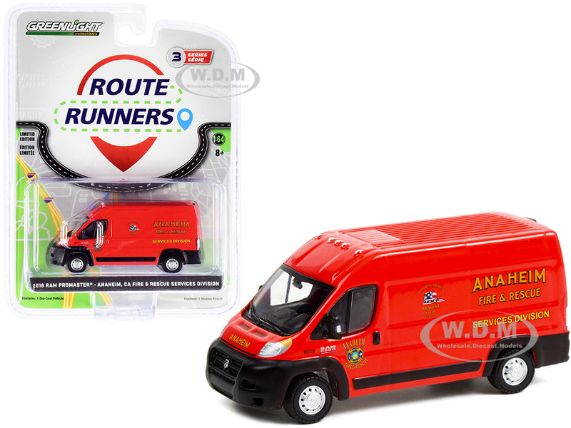 2018 Ram ProMaster 2500 Cargo High Roof Van Red Anaheim Fire & Rescue Services Division California Route Runners Series 3 1/64 Diecast Model Greenlight 53030 D