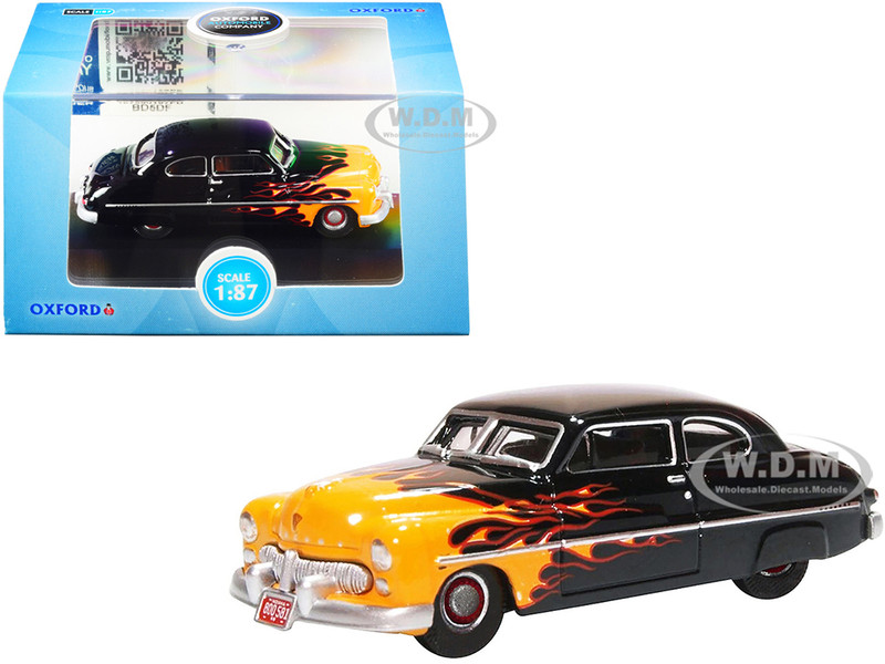 1949 Mercury Coupe Hot Rod Black Yellow with Flames 1/87 HO Scale Diecast Model Car Oxford Diecast 87ME49009