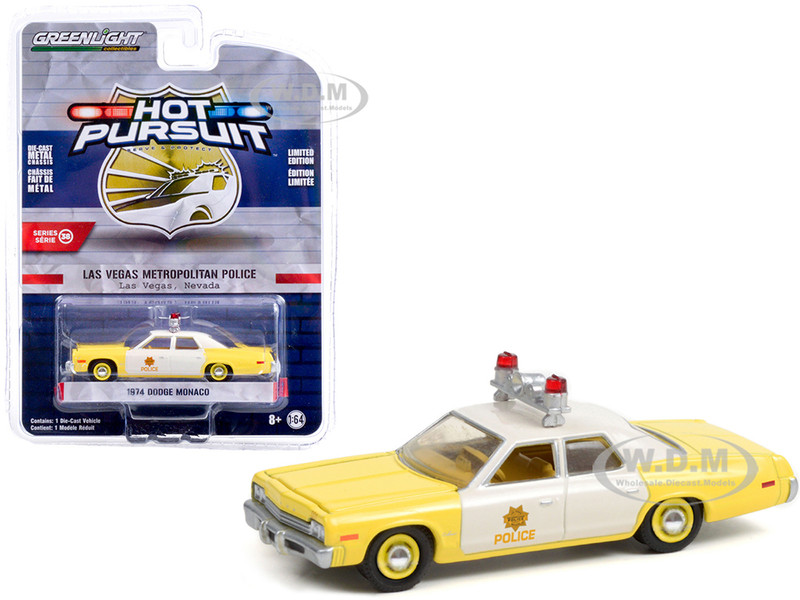 1974 Dodge Monaco Yellow and White Las Vegas Metropolitan Police Department Nevada Hot Pursuit Series 38 1/64 Diecast Model Car Greenlight 42960 A