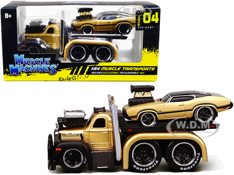 1953 Mack B-61 Flatbed Truck Gold 1970 Oldsmobile 442 Gold Black Top and Stripes Muscle Transports 1/64 Diecast Model Cars Muscle Machines 11536