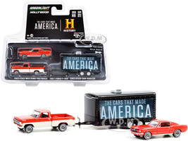 1967 Ford F-100 Pickup Truck Orange Cream 1965 Ford Mustang Fastback Orange Enclosed Car Hauler The Cars That Made America 2017 TV Series Hollywood Hitch & Tow Series 9 1/64 Diecast Model Cars Greenlight 31120 C