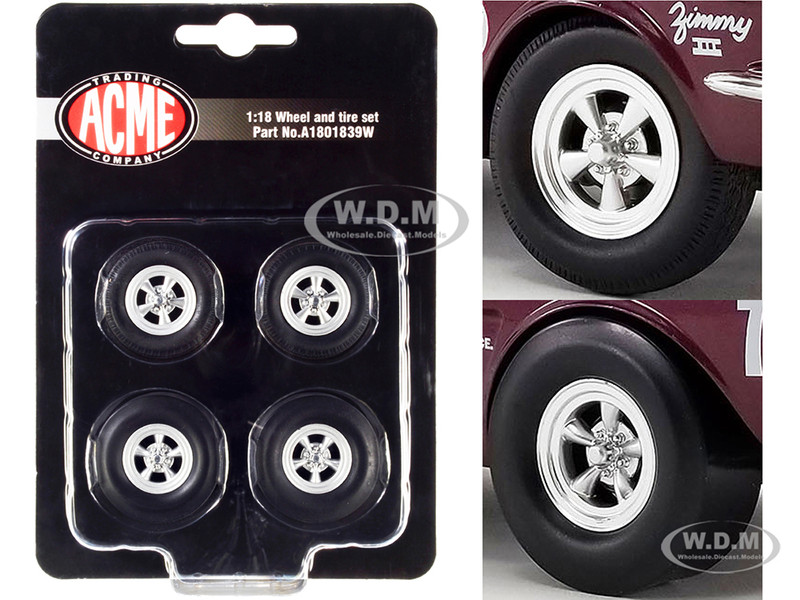 A/FX Drag Wheel and Tire Set of 4 pieces from 1965 Ford Mustang A/FX Bill Lawton Tasca Ford 1/18 ACME A1801839W