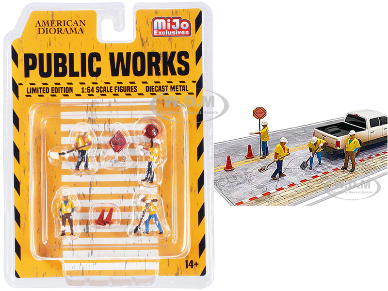 Public Works 7 piece Diecast Set 4 Figurines and 3 Accessories for 1/64 Scale Models American Diorama 76478