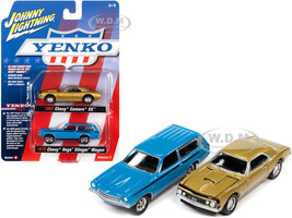 1967 Chevrolet Camaro SS Gold Metallic and 1972 Chevrolet Vega Stinger Wagon Blue YENKO Set of 2 Cars 1/64 Diecast Model Cars Johnny Lightning JLPK014 JLSP170 B