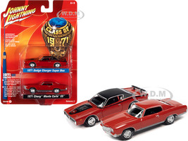1971 Dodge Charger Super Bee Red with Black Top and 1971 Chevrolet Monte Carlo SS Cranberry Red Class of 1971 Set of 2 Cars 1/64 Diecast Model Cars Johnny Lightning JLPK014 JLSP171 A