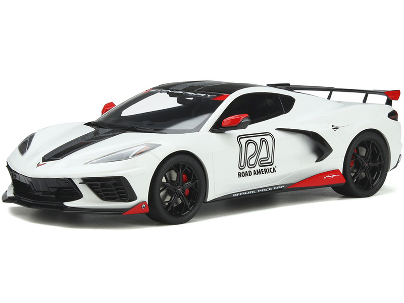 Chevrolet Corvette C8 Stingray Official Pace Car Arctic White with Carbon and Red Accents Road America 1/18 Model Car GT Spirit GT370