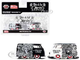 Set of 2 1960 Volkswagen Delivery Van Custom Black and White with Red Interiors Dia de los Muertos Day of the Dead Limited Edition 5500 pieces Worldwide 1/64 Diecast Model Cars M2 Machines 38100-MJS05