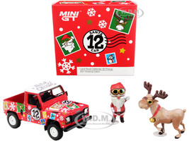 Land Rover Defender 90 Pickup Truck RHD Right Hand Drive #12 Santa Car Matt Red with Santa Claus and Reindeer Figurines 2021 Christmas Edition Limited Edition 9999 pieces Worldwide 1/64 Diecast Model Car True Scale Miniatures MGT00320