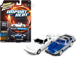1982 Mazda RX-7 White and 1981 Datsun 280ZX Blue Silver Import Heat Set of 2 Cars 1/64 Diecast Model Cars Johnny Lightning JLPK014 JLSP169 A