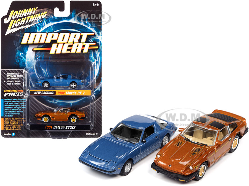 1982 Mazda RX-7 Blue Metallic 1981 Datsun 280ZX Orange Mist Metallic Import Heat Set of 2 Cars 1/64 Diecast Model Cars Johnny Lightning JLPK014 JLSP169 B