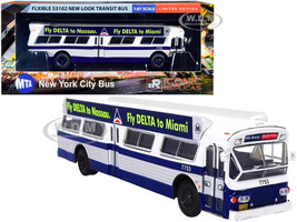 Flxible 53102 Transit Bus #M6 Bus-O-Rama Boards Fly Delta White Blue with Silver Sides MTA New York City Bus 1/87 Diecast Model Iconic Replicas 87-0279