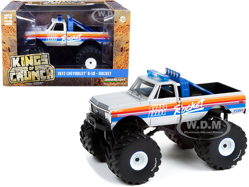 1972 Chevrolet K-10 Monster Truck with 66-Inch Tires Silver Metallic Stripes AM/PM Rocket Kings of Crunch Series 4 1/43 Diecast Model Car Greenlight 88043