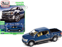 2019 Ford F-150 Lariat 4x4 Pickup Truck Blue Jeans Metallic Magnetic Gray Muscle Trucks Limited Edition 13448 pieces Worldwide 1/64 Diecast Model Car Autoworld 64322 AWSP078 B