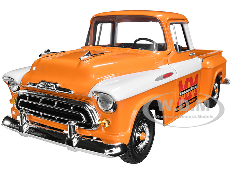1957 Chevrolet Stepside Pickup Truck Minneapolis-Moline Orange White Stripes 1/25 Diecast Model Car SpecCast SCT781