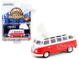 1964 Volkswagen Samba Bus Red White Camp'otel Rooftop Sleeper Tent The Great Outdoors Series 1 1/64 Diecast Model Car Greenlight 38010 A