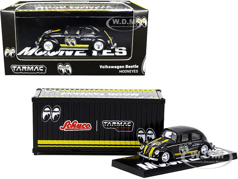 Volkswagen Beetle Mooneyes Black Yellow Stripes Container Case Collaboration Model 1/64 Diecast Model Car Schuco & Tarmac Works T64S-006-ME2