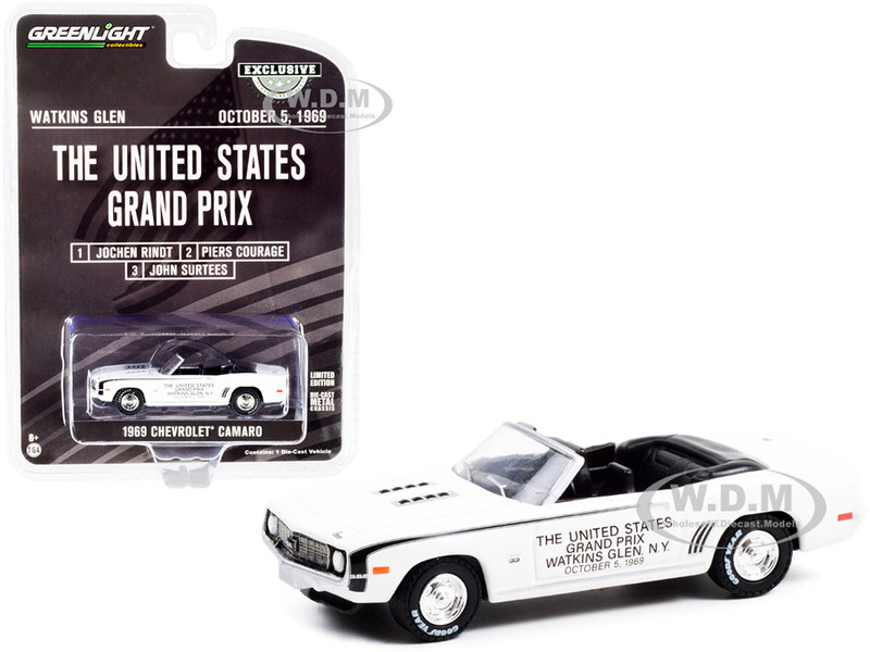 1969 Chevrolet Camaro Convertible Pace Car White Black Stripes The United States Grand Prix Watkins Glen New York October 5 1969 Hobby Exclusive 1/64 Diecast Model Car Greenlight 30274