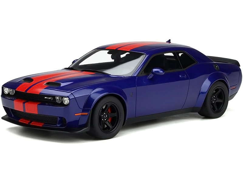 2021 Dodge Challenger Super Stock Blue Red Stripes 1/18 Model Car GT Spirit GT362