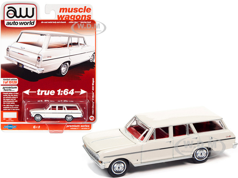 1963 Chevrolet II Nova 400 Wagon Ermine White Red Interior Muscle Wagons Limited Edition 15126 pieces Worldwide 1/64 Diecast Model Car Autoworld 64332 AWSP083 A