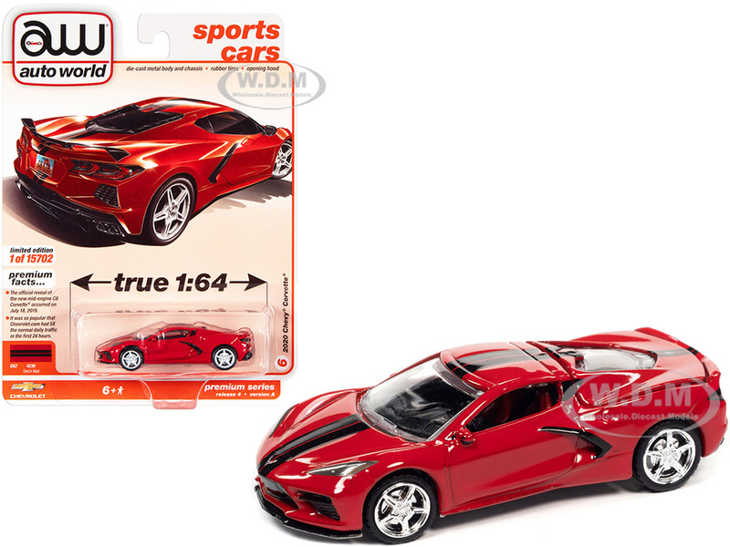 2020 Chevrolet Corvette C8 Stingray Torch Red Twin Black Stripes Sports Cars Limited Edition 15702 pieces Worldwide 1/64 Diecast Model Car Autoworld 64332 AWSP084 A