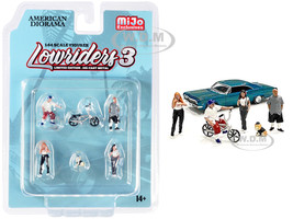 Lowriders 3 6 piece Diecast Set 4 Figurines 1 Dog 1 Bike 1/64 Scale Models American Diorama 76480