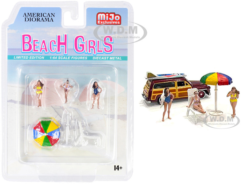 Beach Girls 5 piece Diecast Set 3 Figurines 1 Beach Chaise 1 Beach Umbrella 1/64 Scale Models American Diorama 76481