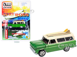 1965 Chevrolet Suburban Green Metallic Cream Two Surfboards Surf Rods Limited Edition 3600 pieces Worldwide 1/64 Diecast Model Car Autoworld CP7831