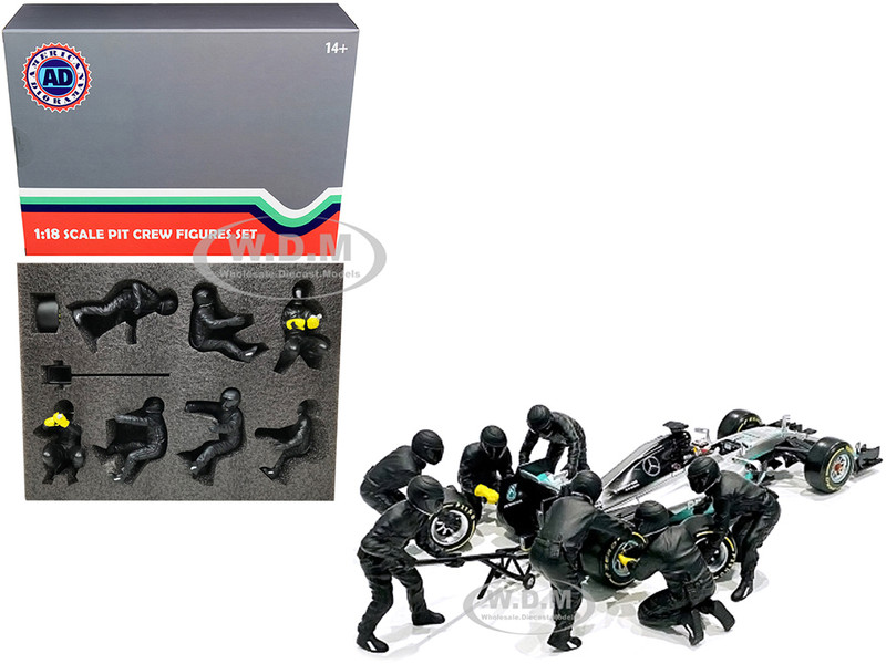 Formula One F1 Pit Crew 7 Figurine Set Team Black Release II 1/18 Scale Models American Diorama 76554