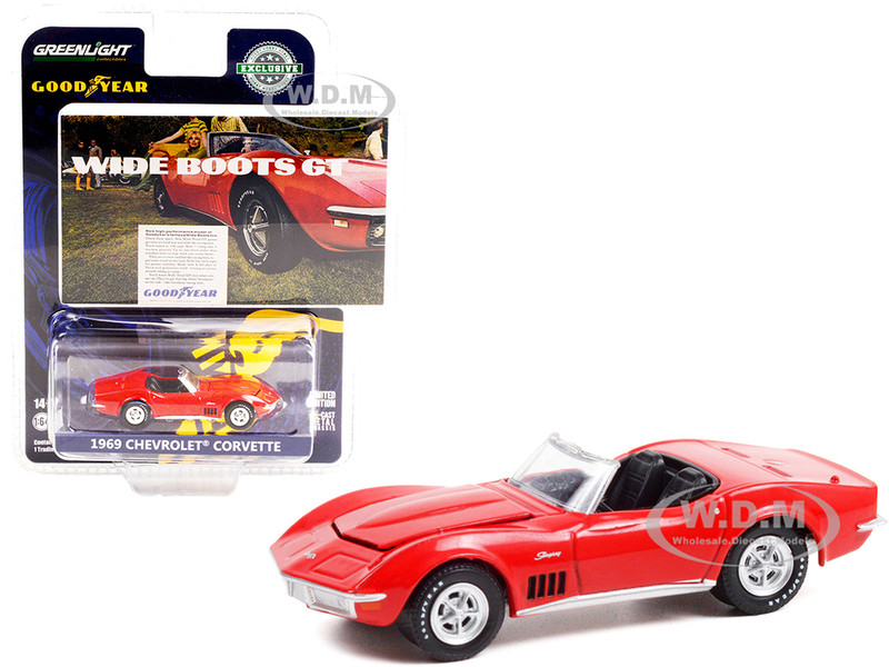 1969 Chevrolet Corvette Convertible Red Wide Boots GT Goodyear Vintage Ad Cars 1/64 Diecast Model Car Greenlight 30248