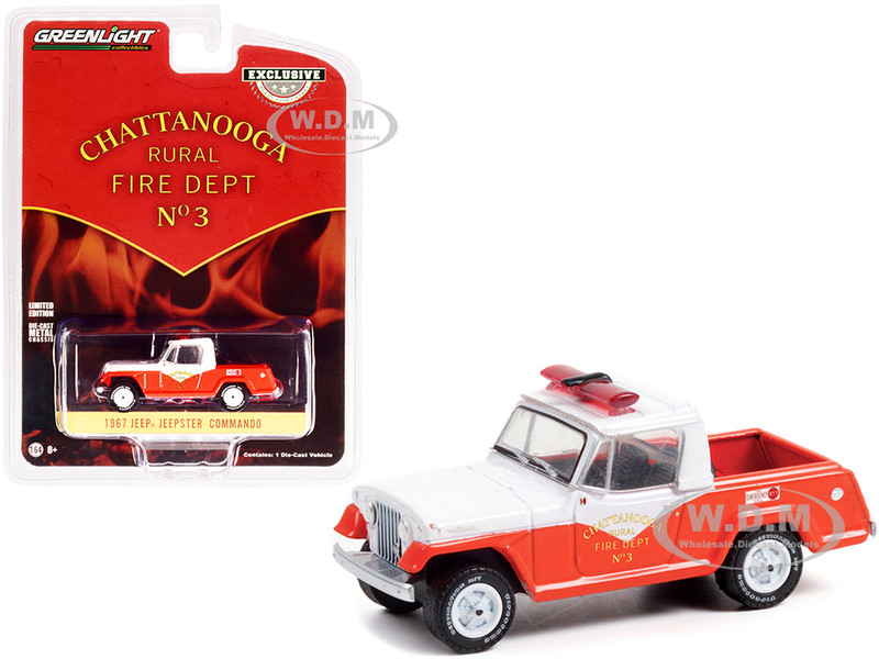 1967 Jeep Jeepster Commando Pickup Truck White Orange Chattanooga Rural Fire Department No. 3 Hobby Exclusive 1/64 Diecast Model Car Greenlight 30269