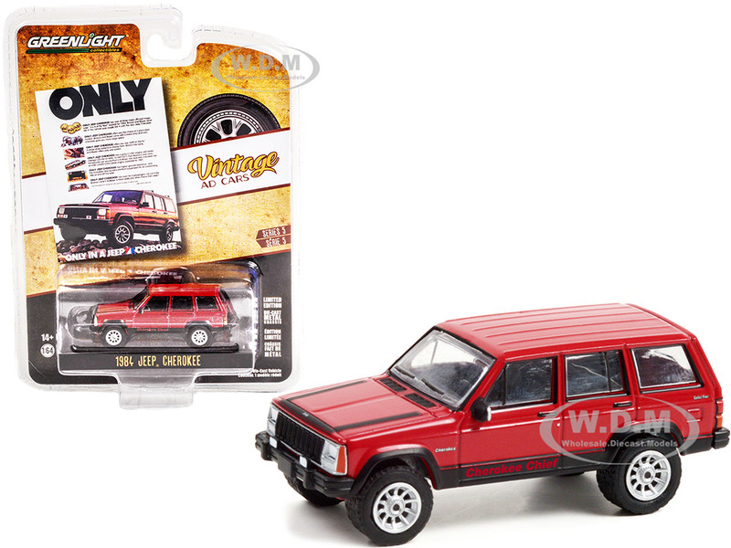 1984 Jeep Cherokee Chief Red Black Stripes Only in a Jeep Cherokee Vintage Ad Cars Series 5 1/64 Diecast Model Car Greenlight 39080 F