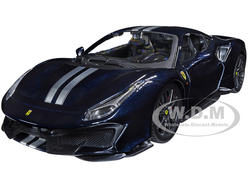 Ferrari 488 Pista Dark Blue Metallic Silver Stripes 1/24 Diecast Model Car Bburago 26026