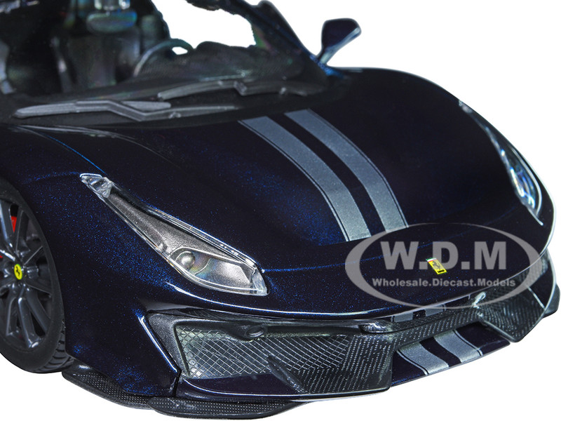 Ferrari 488 Pista Dark Blue Metallic Silver Stripes 1/24 Diecast