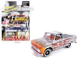 1966 Chevrolet Pickup Truck Silver Metallic Flames Orange Interior Limited Edition 3600 pieces Worldwide 1/64 Diecast Model Car Johnny Lightning JLCP7361