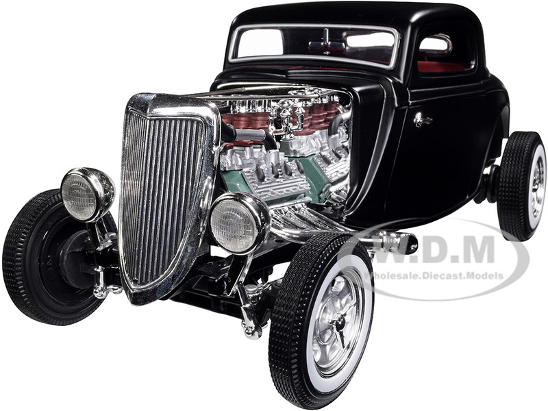 1934 Ford 3-Window Coupe High Boy Hot Rod Matt Black Red Interior 1/18 Diecast Model Car Autoworld AW292