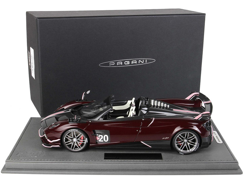 Pagani Huayra Roadster BC Carbon Dark Red Carbon Gray Pink White Stripes Pink Accents DISPLAY CASE Limited Edition 48 pieces Worldwide 1/18 Model Car BBR P18159 C