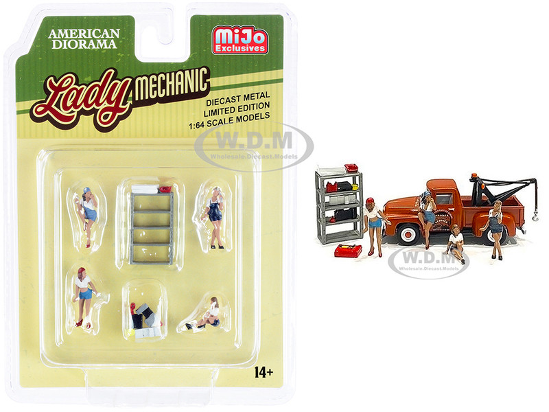 Lady Mechanic 6 piece Diecast Set 4 Figurines 2 Accessories 1/64 Scale Models American Diorama 76484