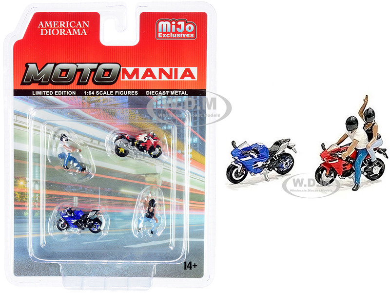 Motomania 4 piece Diecast Set 2 Figurines 2 Motorcycles 1/64 Scale Models American Diorama 76486