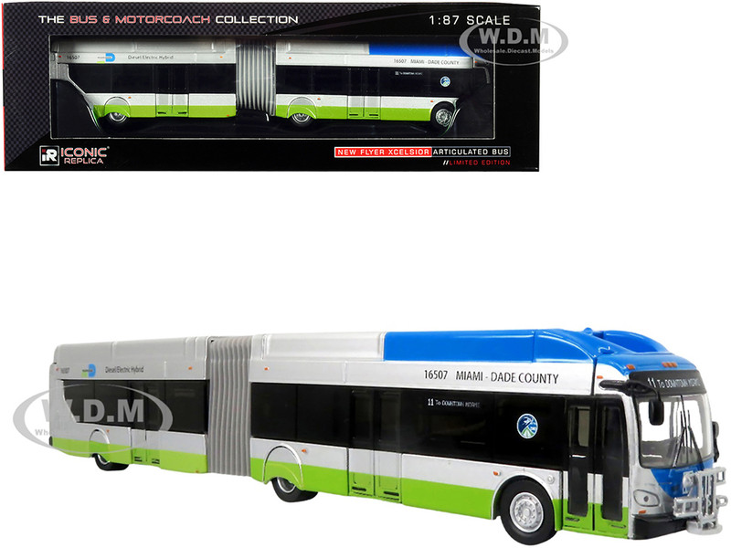 New Flyer Xcelsior XN-60 Aerodynamic Articulated Bus #11 Miami-Dade County Silver Blue Green Stripe The Bus & Motorcoach Collection 1/87 HO Diecast Model Iconic Replicas 87-0312