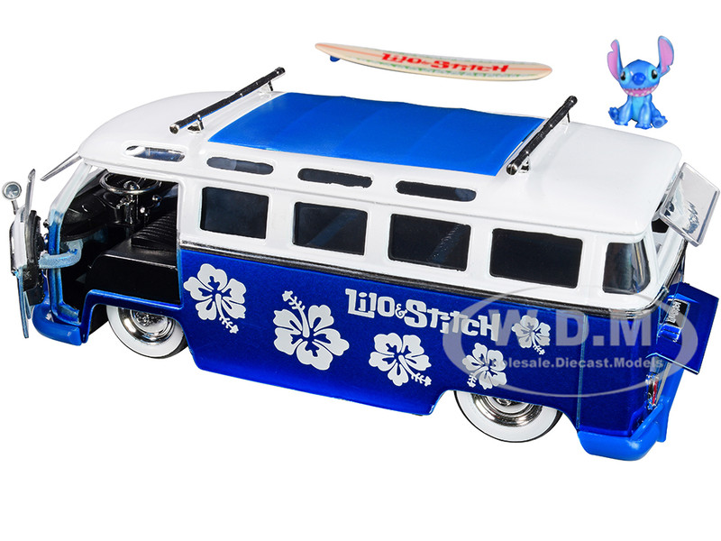 Volkswagen T1 Bus Candy Blue White Stitch Diecast Figurine Surfboard