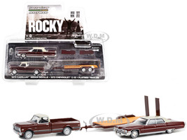 1972 Chevrolet C-10 Pickup Truck Brown 1973 Cadillac Sedan DeVille Brown Rocky's Flatbed Trailer Rocky 1976 Movie Hollywood Hitch & Tow Series 10 1/64 Diecast Model Cars Greenlight 31130 A