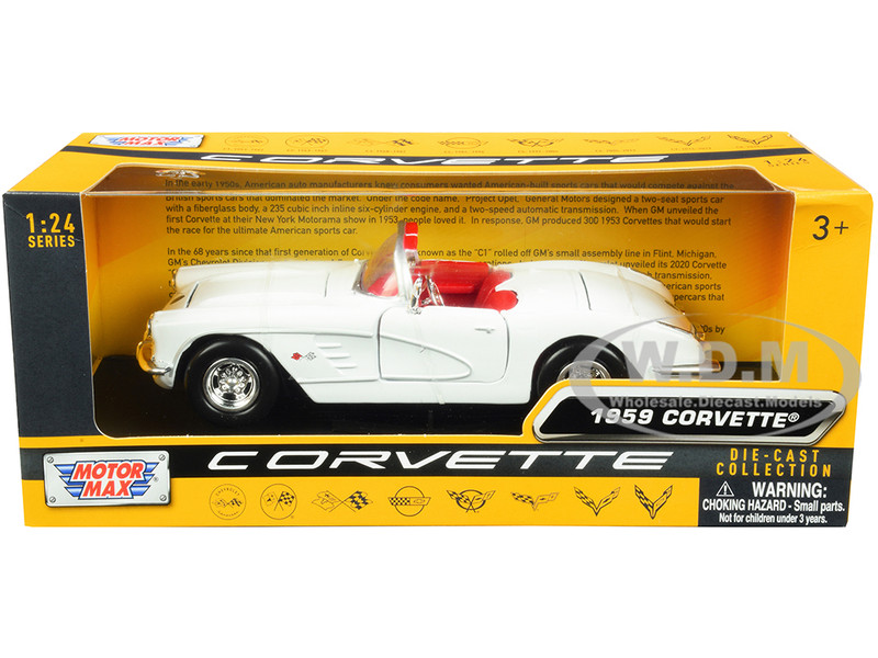 1959 Chevrolet Corvette C1 Convertible White Red Interior History of Corvette Series 1/24 Diecast Model Car Motormax 73216
