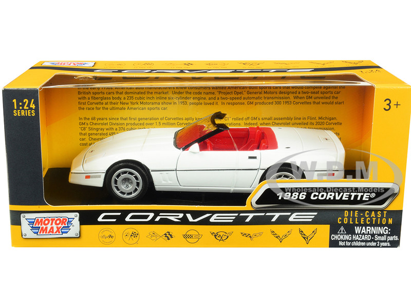 1986 Chevrolet Corvette C4 Convertible White Red Interior History of Corvette Series 1/24 Diecast Model Car Motormax 73298