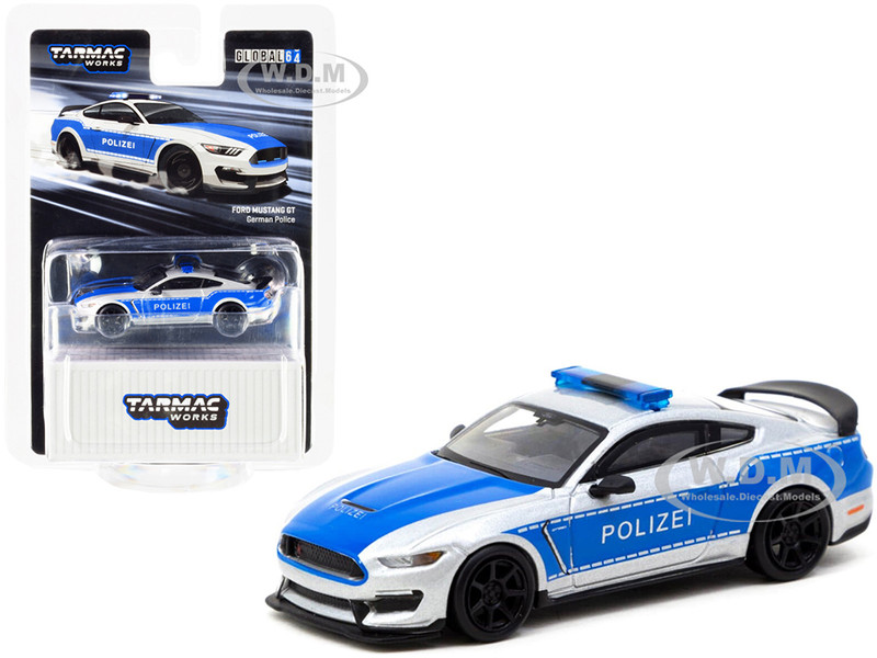 Ford Mustang GT Polizei German Police Silver Blue Global64 Series 1/64 Diecast Model Car Tarmac Works T64G-011-GP