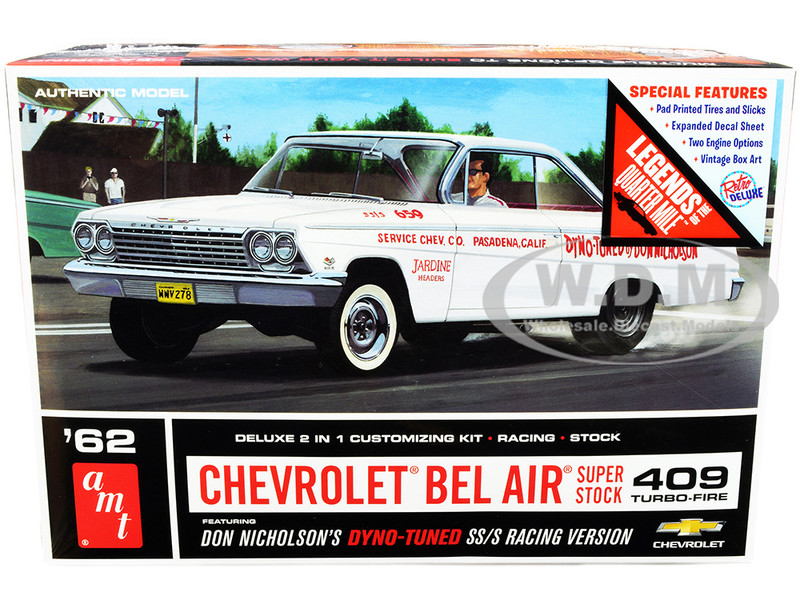 Skill 2 Model Kit 1962 Chevrolet Bel Air Super Stock 409 Turbo-Fire Don Nicholson's 2-in-1 Kit Legends of the Quarter Mile 1/25 Scale Model AMT AMT1283